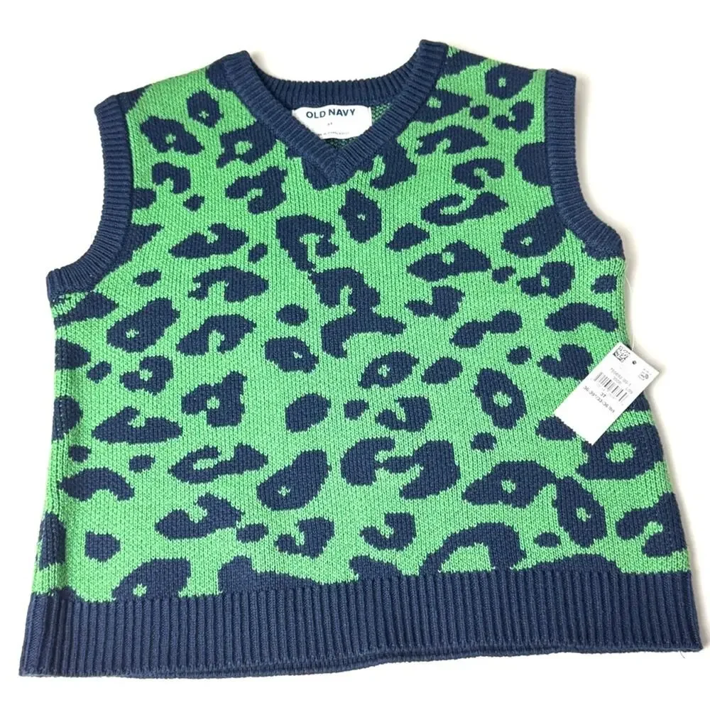 Old Navy Green and Blue Leopard Print Sleeveless V Front Sweater Vest  Sz 3T